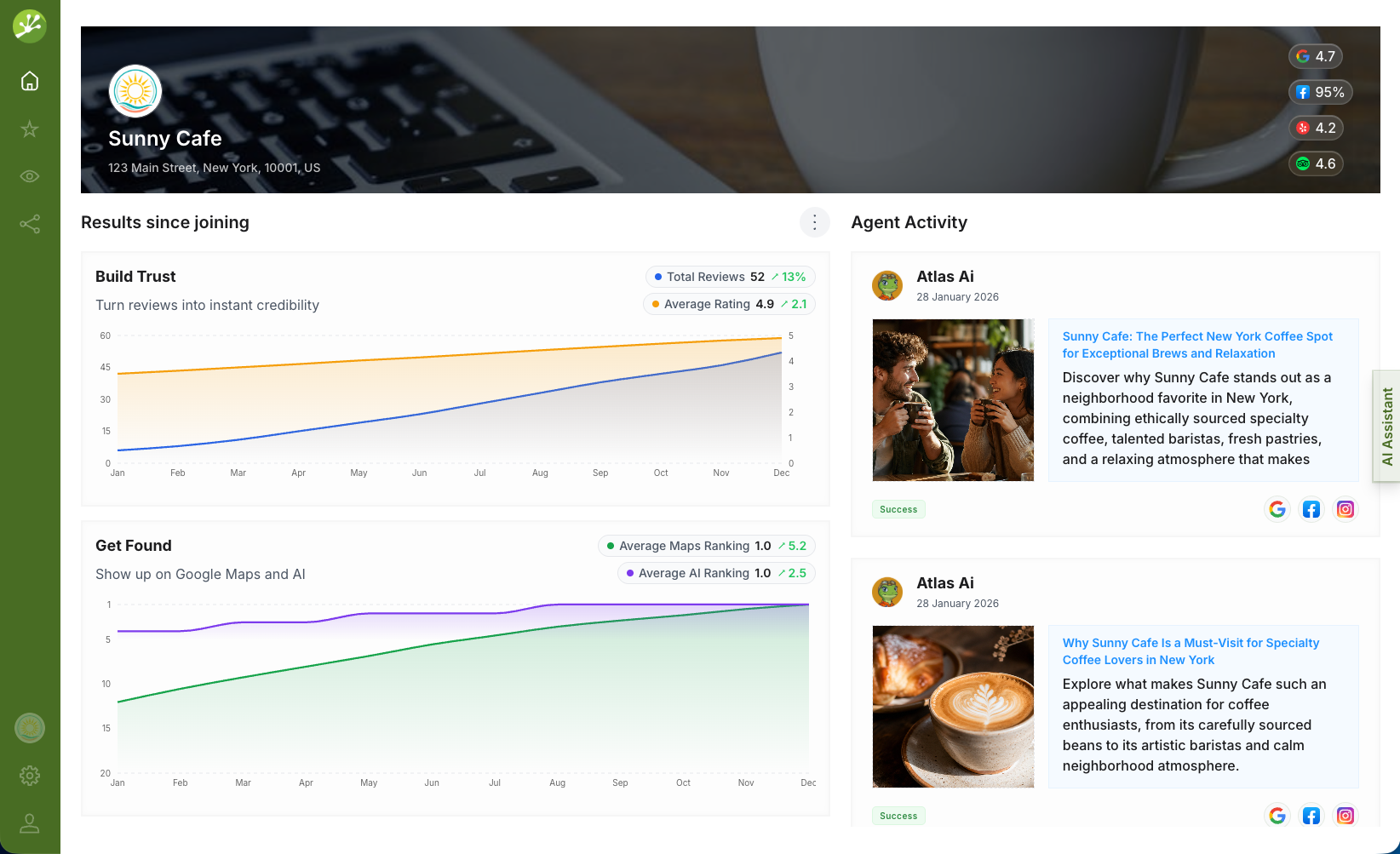 The StarLift dashboard at app.geckonautai.com, showing review growth, Google Maps ranking, and AI agent activity for a local business.
